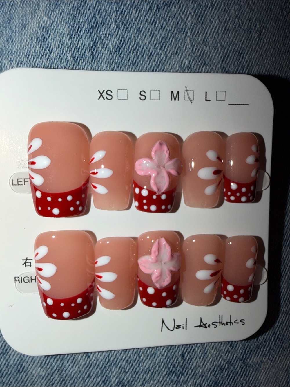 Press-On Nail Set with Red Polka Dot Tips and Floral Accent
